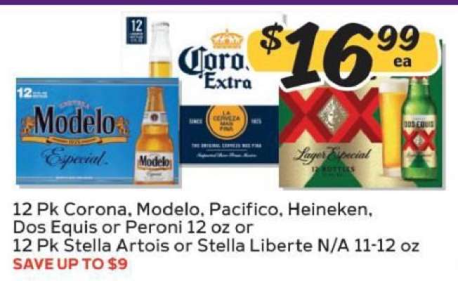 12 Pk Corona, Modelo, Pacifico, Heineken, Dos Equis or Peroni