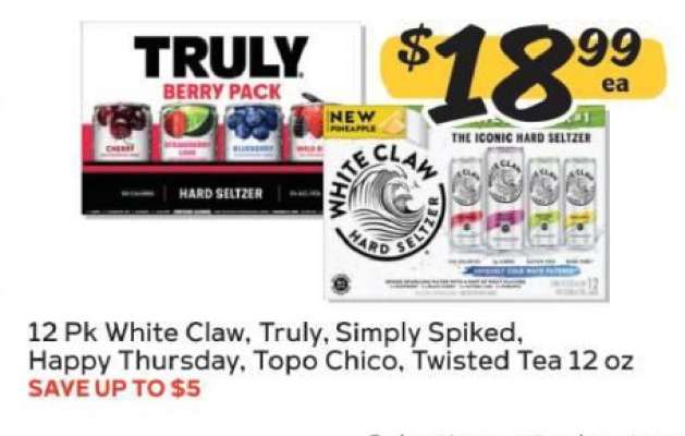 12 Pk White Claw, Truly, Simply Spiked, Happy Thursday, Topo Chico, Twisted Tea 12 oz
