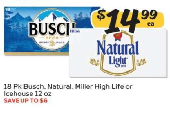 18 Pk Busch, Natural, Miller High Life or Icehouse 12 oz