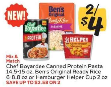 Chef Boyardee Canned Protein Pasta, Ben's Original Ready Rice, Hamburger Helper Cup