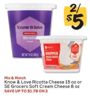Know & Love Ricotta Cheese or SE Grocers Soft Cream Cheese