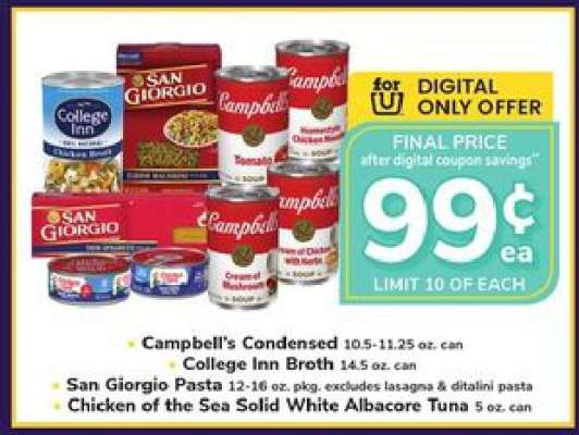 Campbell's Condensed, College Inn Broth, San Giorgio Pasta, Chicken of the Sea Tuna