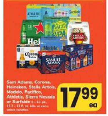 Sam Adams, Corona, Heineken, Stella Artois, Modelo, Pacifico, Athletic, Sierra Nevada or Surfside
