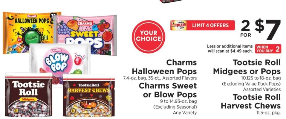 Charms Halloween Pops, Charms Sweet or Blow Pops, Tootsie Roll Midgees or Pops, Tootsie Roll Harvest Chews