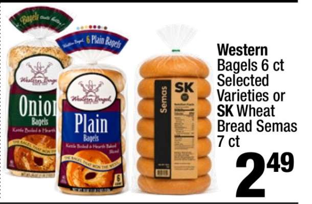 Western Bagels 6 ct Selected Varieties or SK Wheat Bread Semas 7 ct