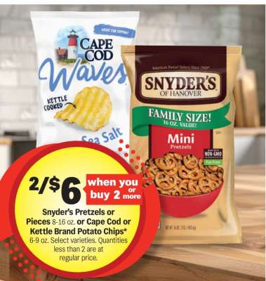Snyder's Pretzels or Pieces or Cape Cod or Kettle Brand Potato Chips