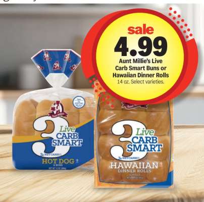Aunt Millie’s Live Carb Smart Buns or Hawaiian Dinner Rolls