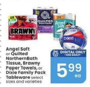 Angel Soft or Quilted Northern Bath Tissue, Brawny Paper Towels, or Dixie Family Pack Tableware