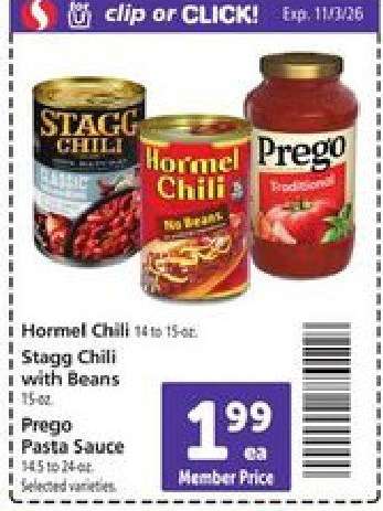 Hormel Chili, Stagg Chili with Beans, Prego Pasta Sauce