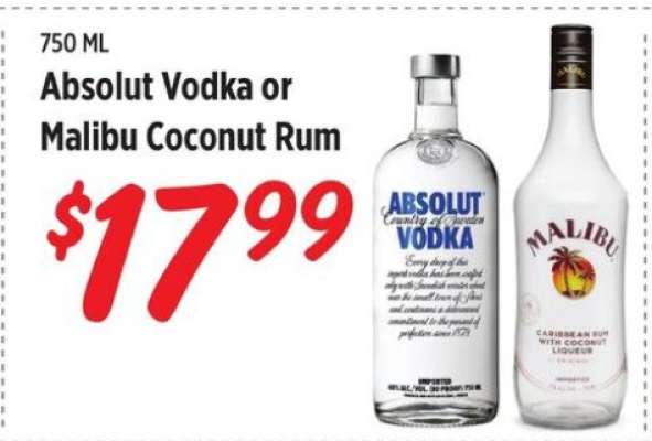 Absolut Vodka or Malibu Coconut Rum