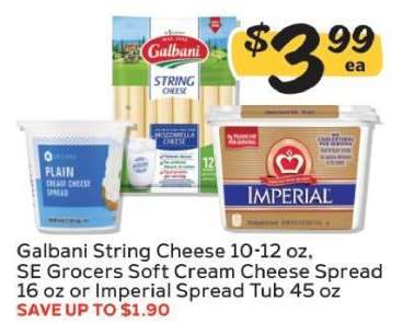 Galbani String Cheese, SE Grocers Soft Cream Cheese Spread, Imperial Spread Tub