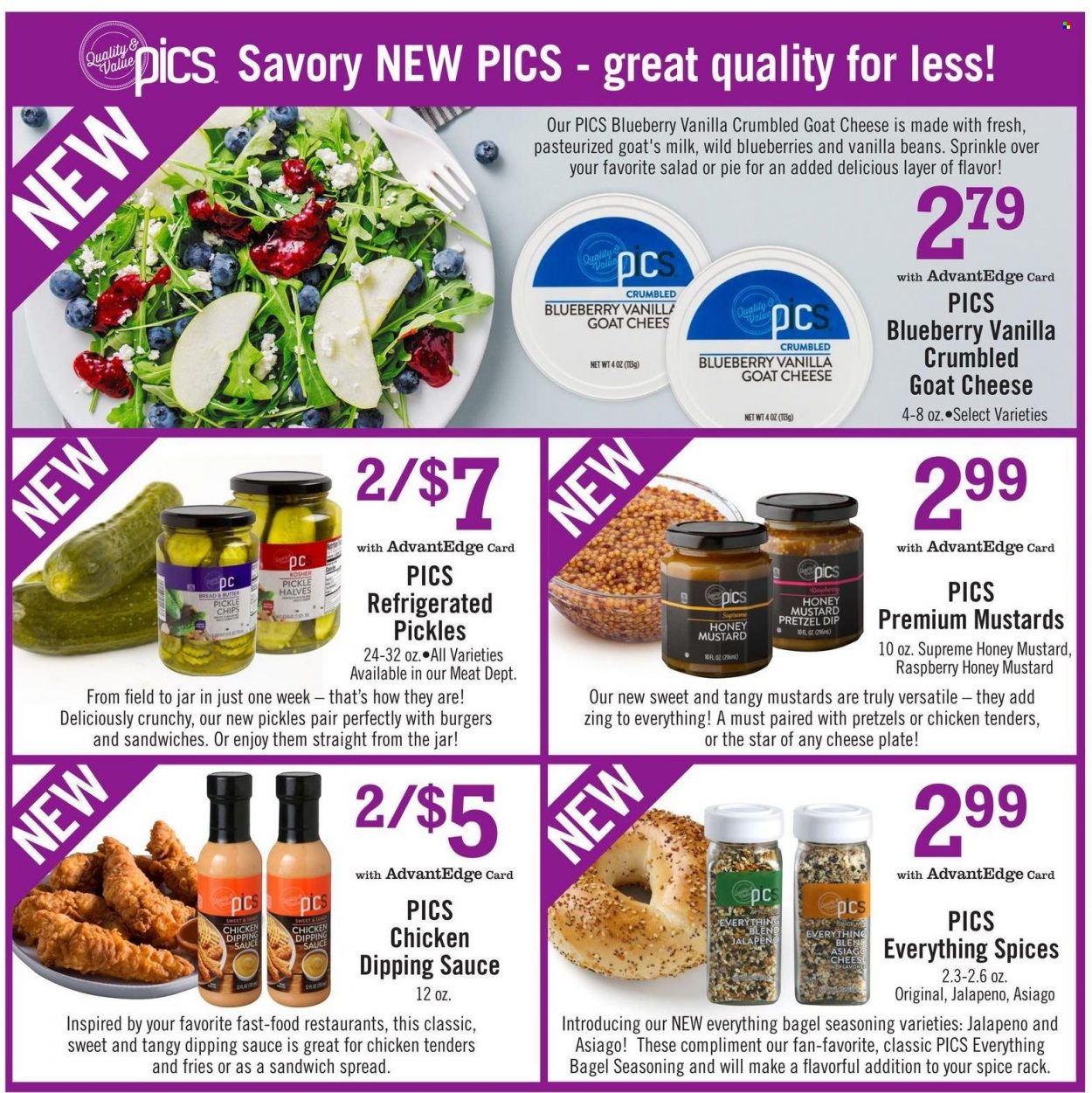 Price Chopper Flyer - 08/06/2022 - 08/27/2022 - Sales products - pretzels, pie, beans, jalapeño, blueberries, chicken tenders, sandwich, hamburger, asiago, goat cheese, cheese, milk, butter, dip, potato fries, chips, pickles, spice, mustard, honey mustard, TRULY, plate, pan, jar. Page 1.