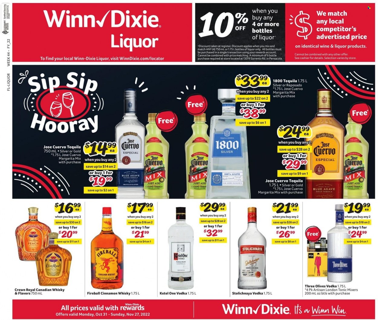 Winn Dixie Flyer - 10/31/2022 - 11/27/2022 - Sales products - olives, tonic, Royal Crown, Margarita Mix, wine, canadian whisky, tequila, vodka, liquor, cinnamon whisky, whisky. Page 1.