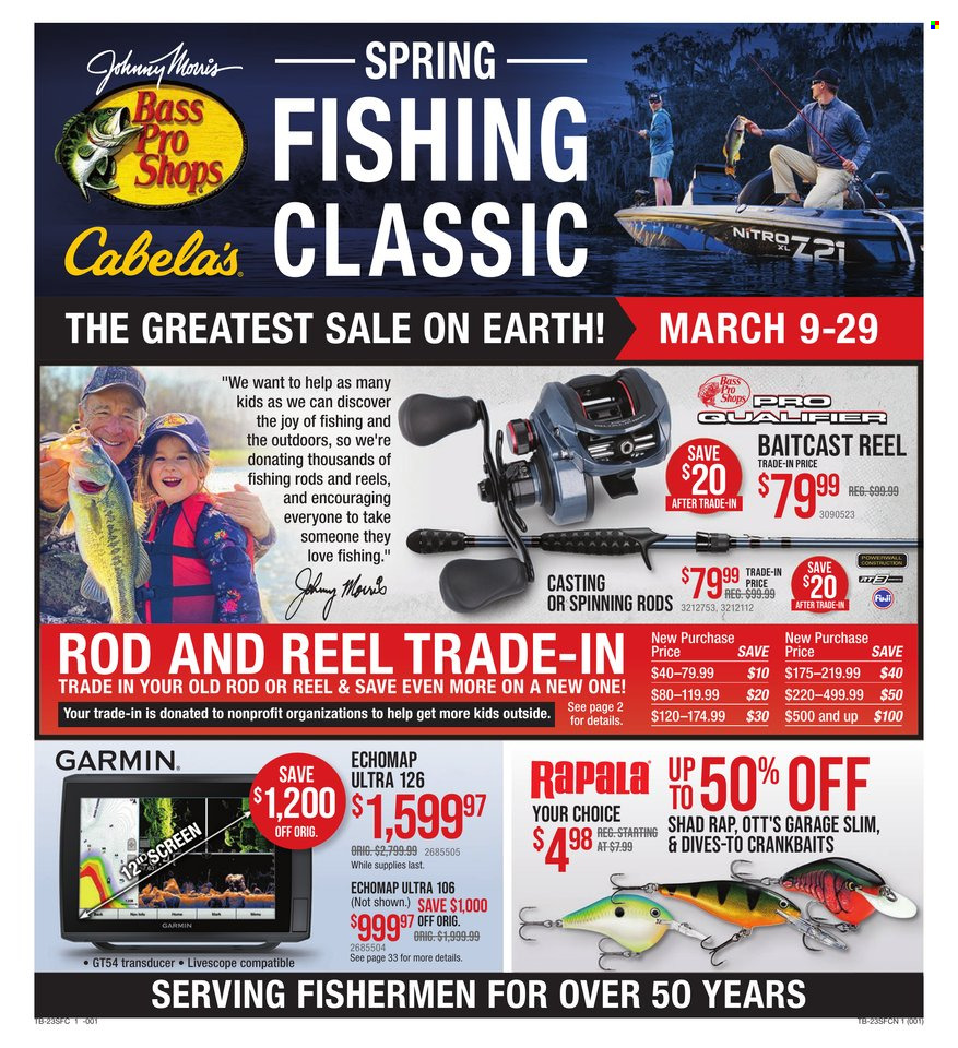 Bass Pro Shops Flyer - 03/01/2023 - 03/29/2023 - Sales products - Garmin, baitcast reel, Bass Pro, reel, fishing rod. Page 1.
