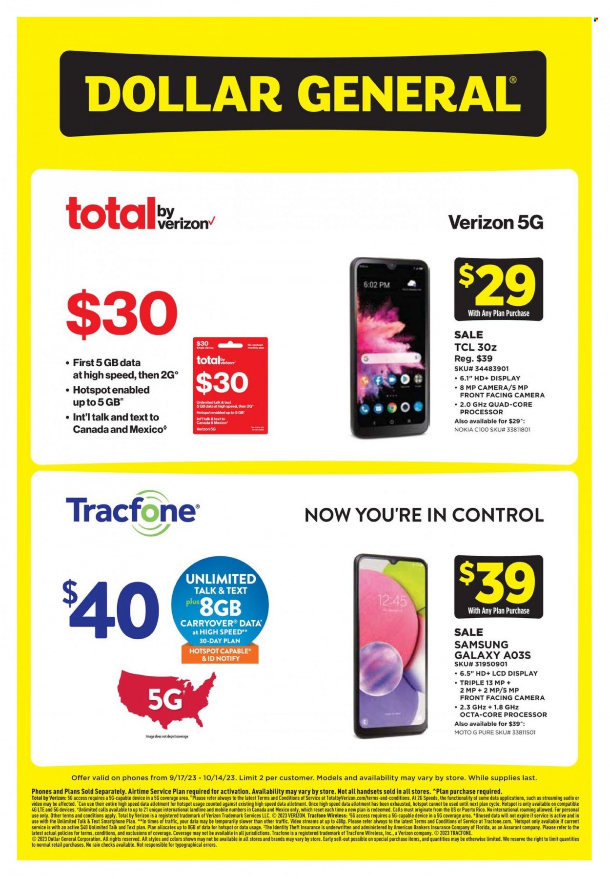 Dollar General Flyer - 09/17/2023 - 10/14/2023 - Sales products - Samsung Galaxy, Samsung, Nokia, TCL. Page 1.