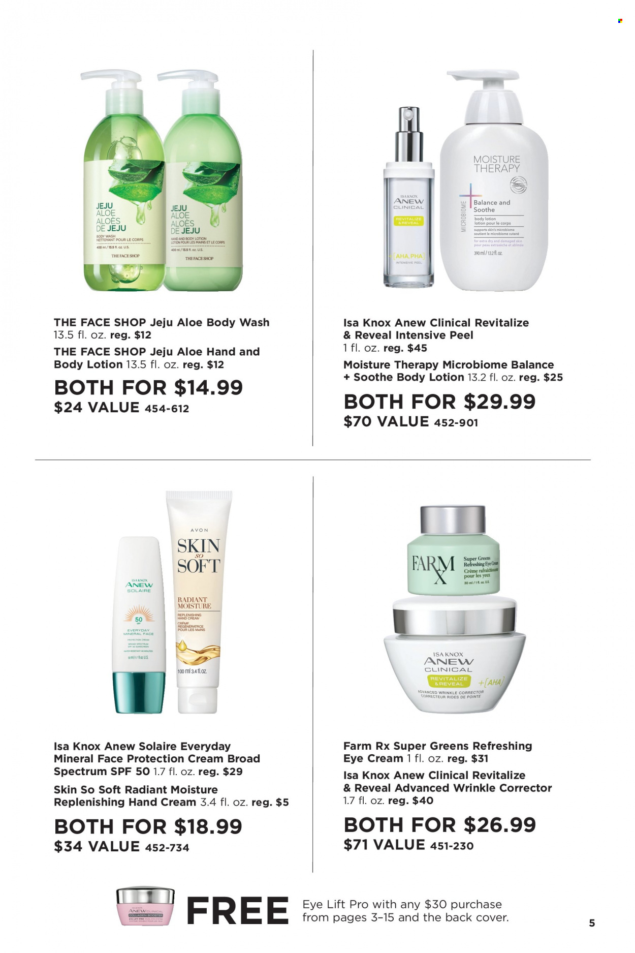 thumbnail - Avon Flyer - Sales products - body wash, Avon, Anew, Moisture Therapy, Skin So Soft, wrinkle corrector, eye cream, body lotion, hand cream, sunscreen lotion, corrector. Page 5.