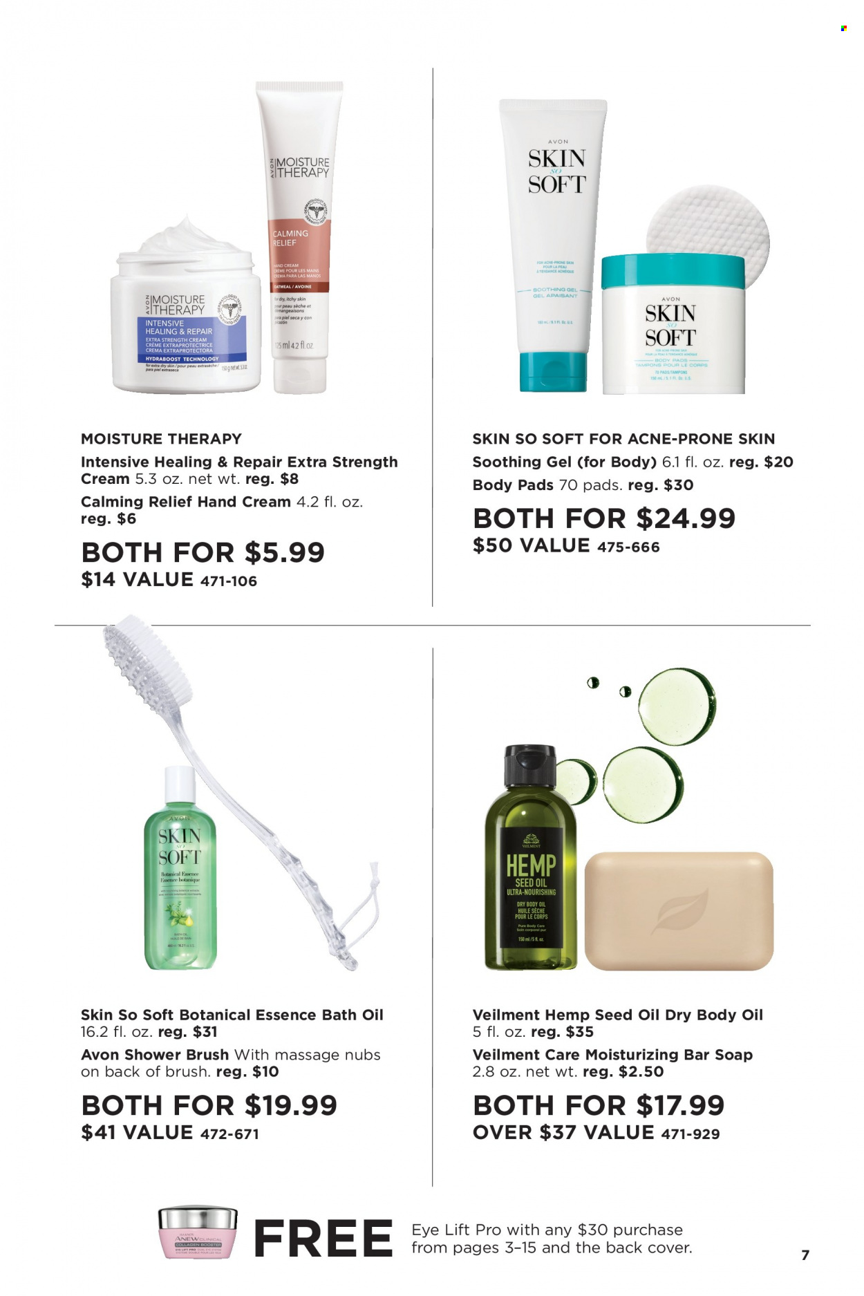thumbnail - Avon Flyer - Sales products - body care, pads, bath oil, Avon, soap bar, soap, Anew, Moisture Therapy, Skin So Soft, body oil, hand cream. Page 7.