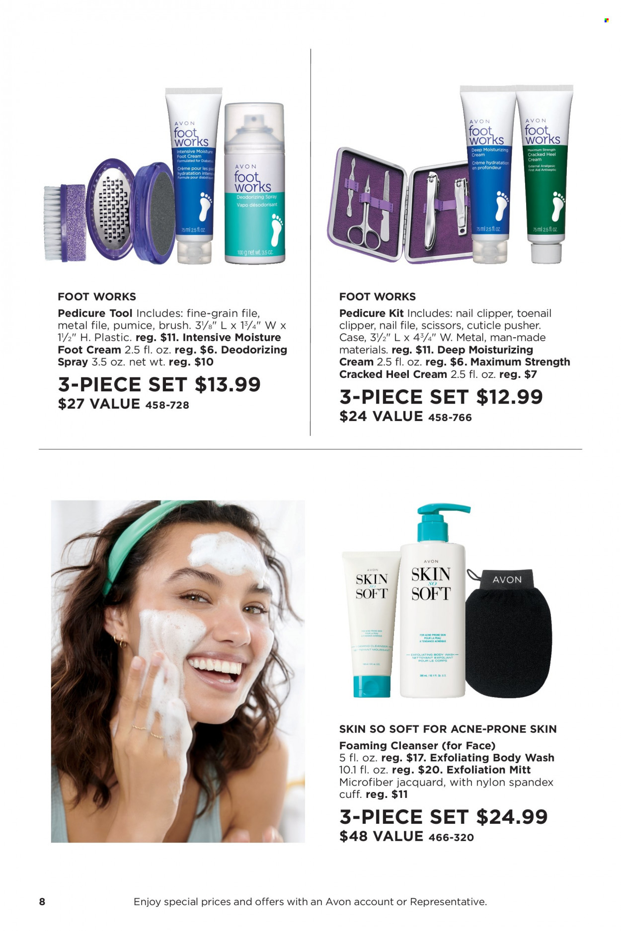 thumbnail - Avon Flyer - Sales products - body wash, Avon, cleanser, Skin So Soft, moisturing cream, heel cream, pedicure tool, cuticle pusher, scissors. Page 8.