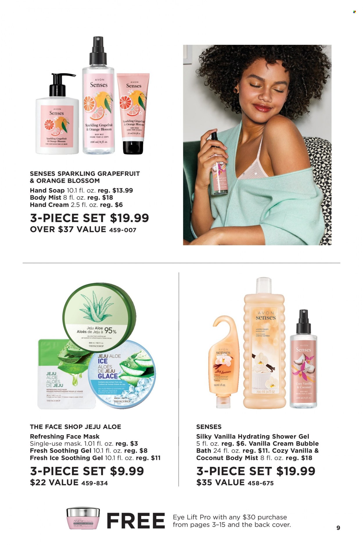 thumbnail - Avon Flyer - Sales products - body care, bubble bath, shower gel, hand soap, Avon, soap, Anew, face mask, body mist, hand cream. Page 9.