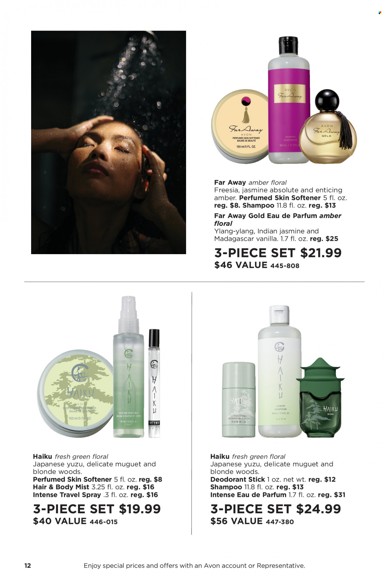 thumbnail - Avon Flyer - Sales products - shampoo, Avon, skin softener, body mist, Absolute, anti-perspirant, eau de parfum, far away, travel spray, deodorant. Page 12.