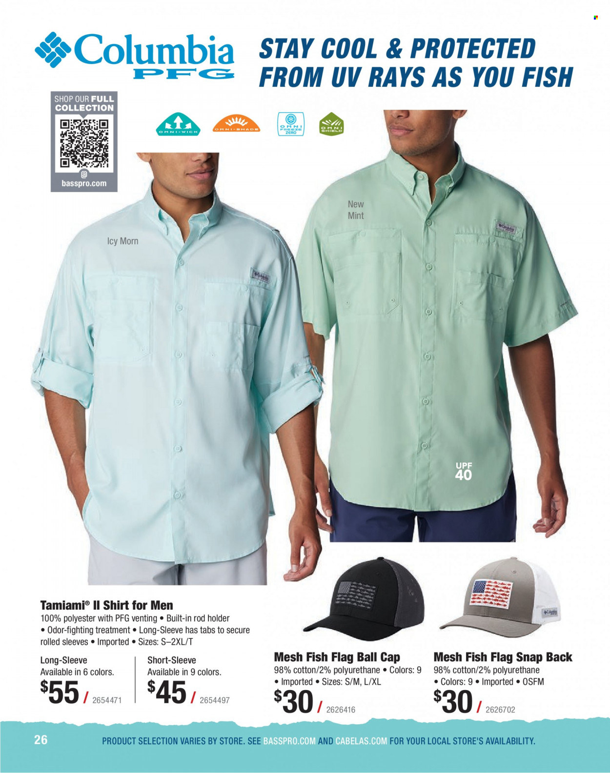 thumbnail - Bass Pro Shops Flyer - Sales products - Columbia, fish, shirt, ball cap. Page 26.