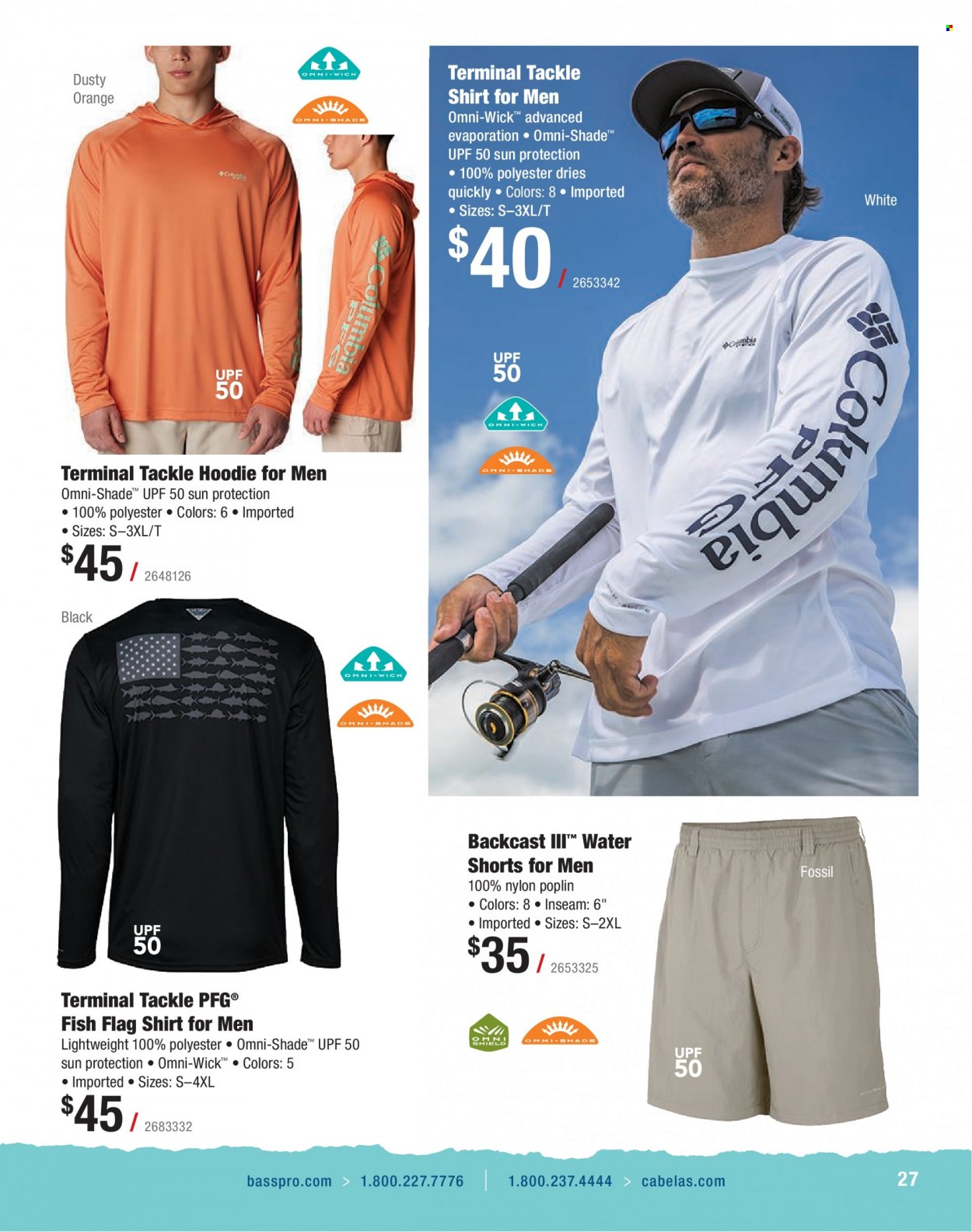 thumbnail - Bass Pro Shops Flyer - Sales products - Columbia, hoodie, fish, Fossil, shorts, shirt. Page 27.
