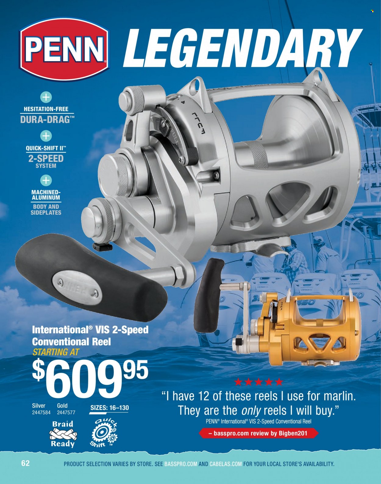 thumbnail - Bass Pro Shops Flyer - Sales products - marlin, reel, fishing rod, Penn. Page 62.