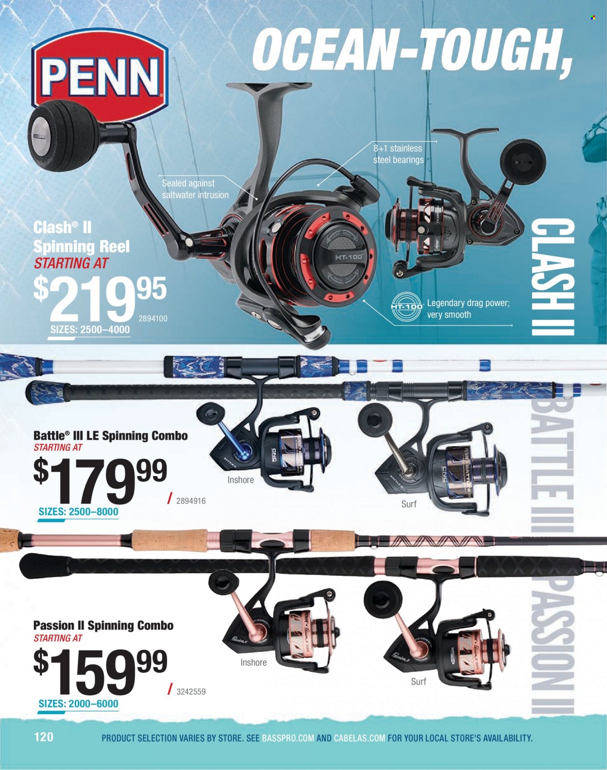 thumbnail - Bass Pro Shops Flyer - Sales products - reel, spinning reel, fishing rod, Penn, rattle. Page 120.