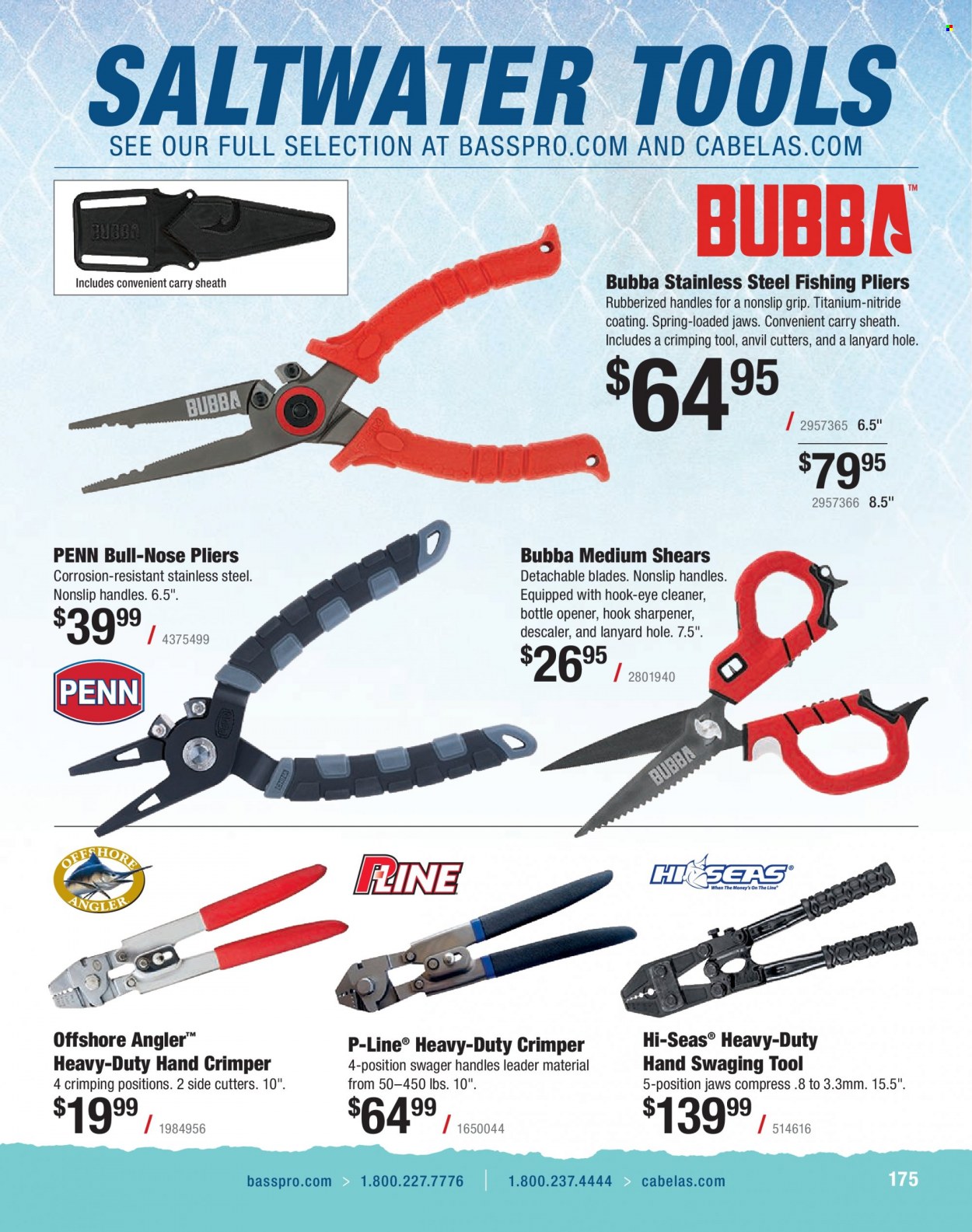 thumbnail - Bass Pro Shops Flyer - Sales products - fishing rod, Penn, pliers, scissors, crimper, cleaner. Page 175.