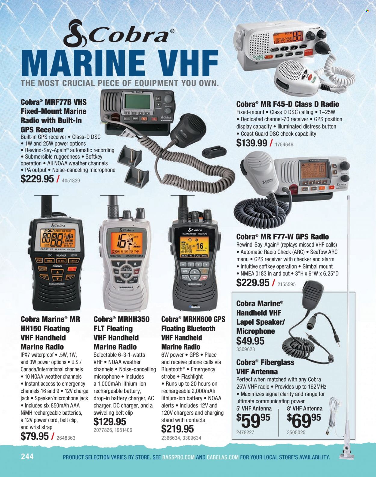 thumbnail - Bass Pro Shops Flyer - Sales products - battery charger, rechargeable battery, wrist strap, receiver, strap. Page 244.