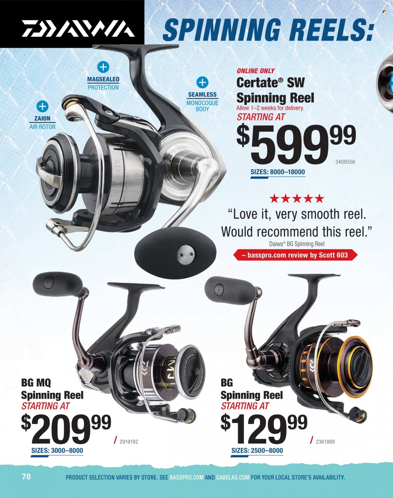 thumbnail - Cabela's Flyer - Sales products - Scott, reel, spinning reel, fishing rod, DAIWA. Page 70.