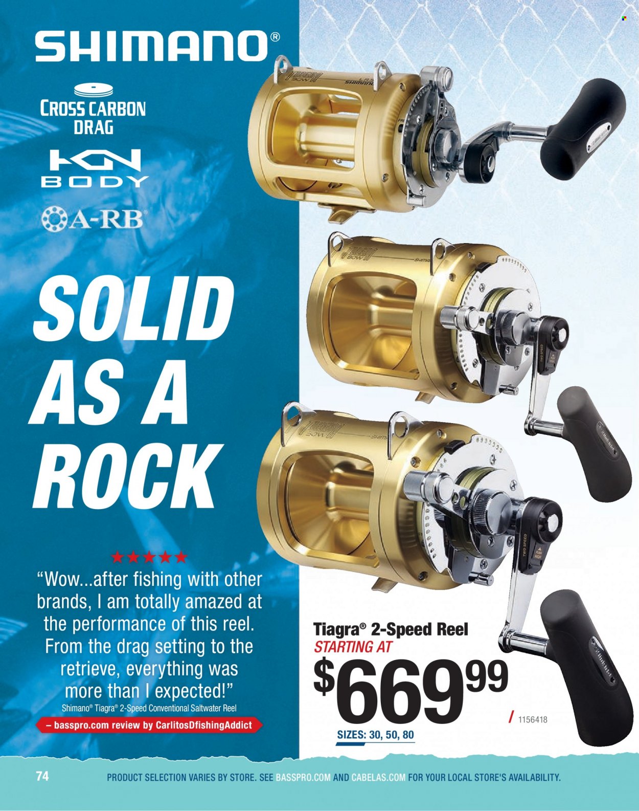 thumbnail - Cabela's Flyer - Sales products - Shimano, reel, fishing rod. Page 74.