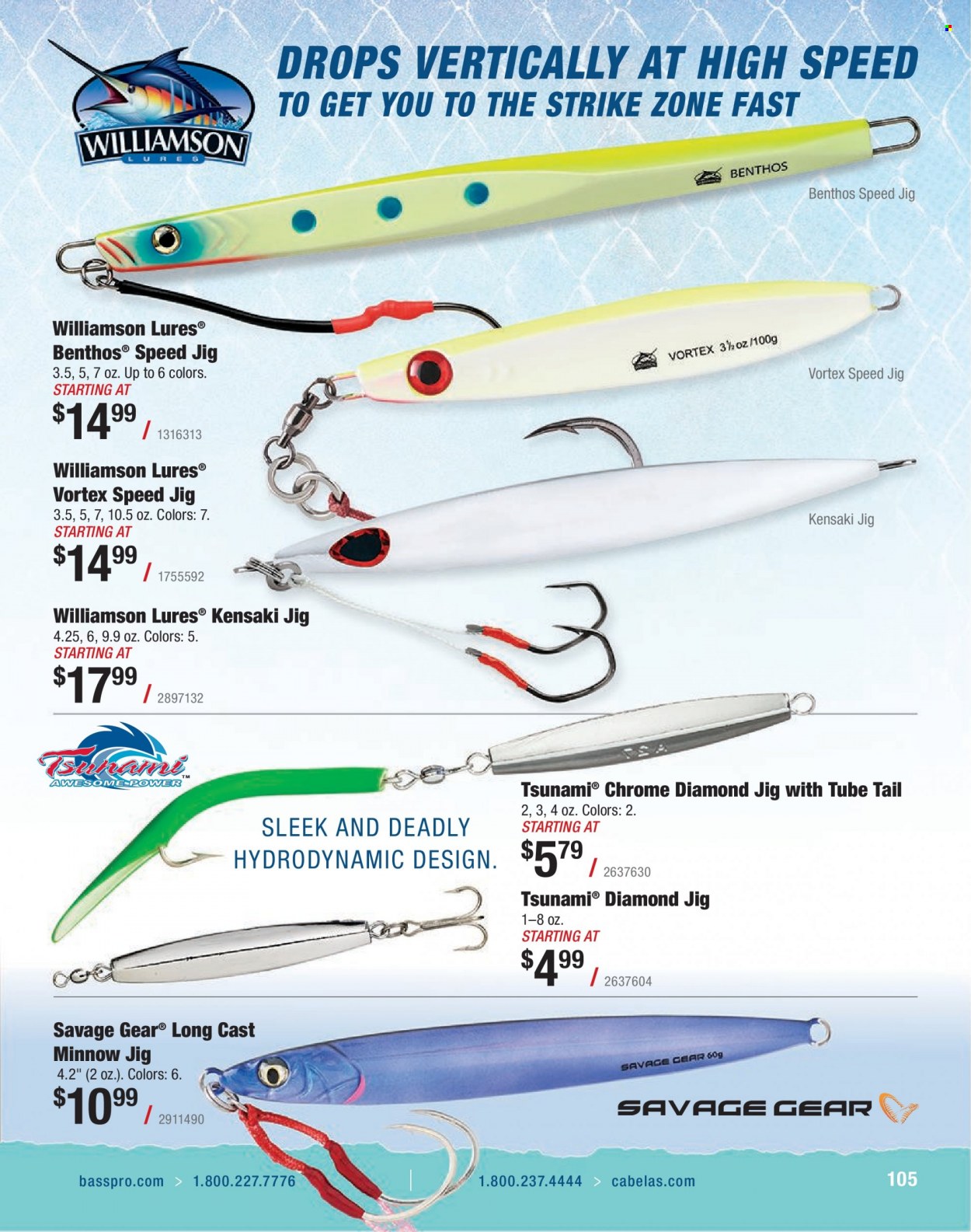 thumbnail - Cabela's Flyer - Sales products - Savage Gear, jig, savage, fishing rod. Page 105.