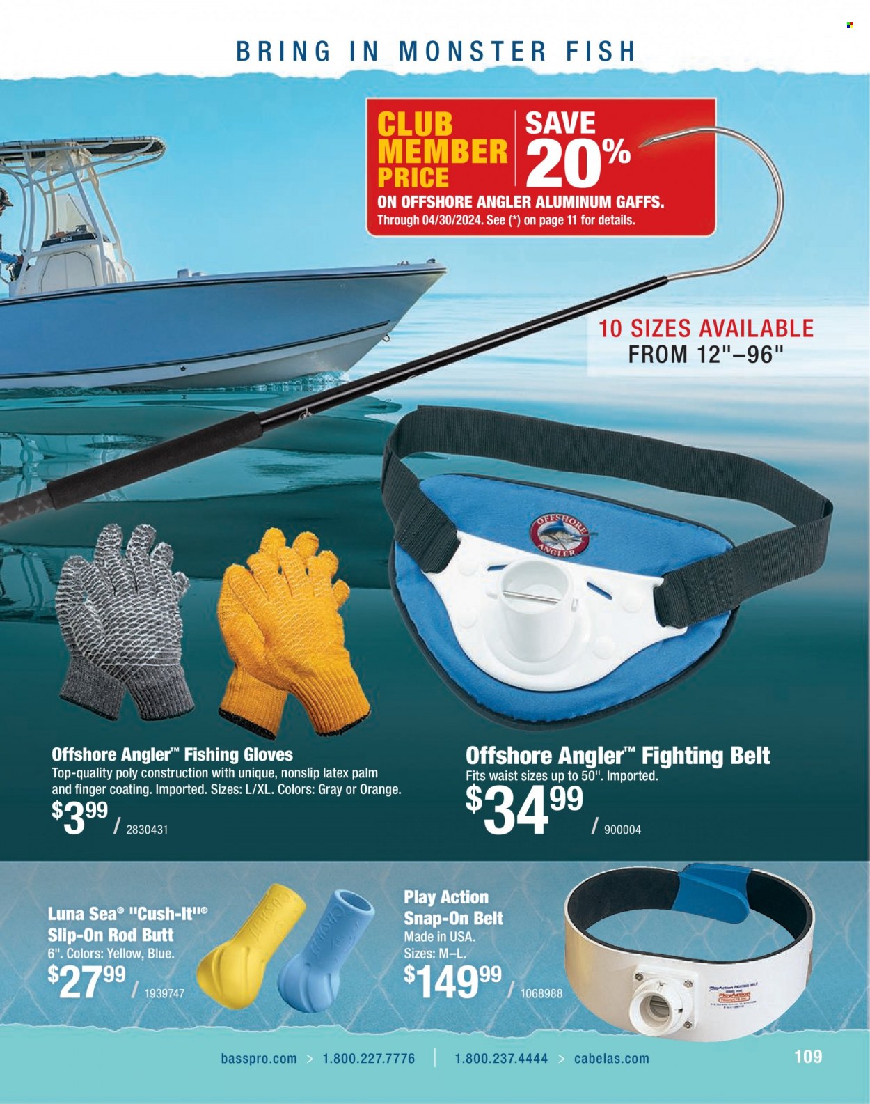thumbnail - Cabela's Flyer - Sales products - slip-on shoes, fish, gloves, fighting belt, Monster. Page 109.