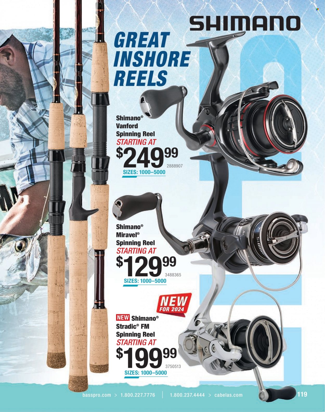 thumbnail - Cabela's Flyer - Sales products - Shimano, reel, spinning reel, fishing rod. Page 119.