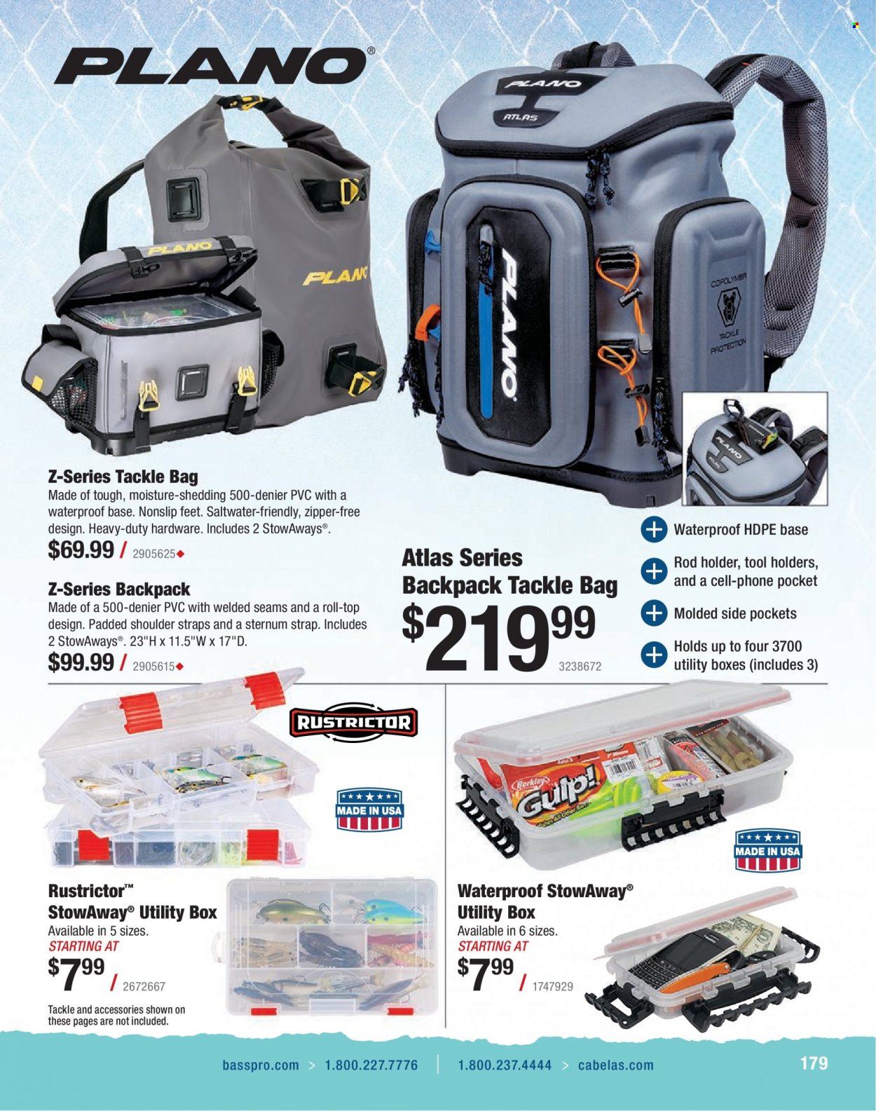 thumbnail - Cabela's Flyer - Sales products - tackle bag, rod holder, strap. Page 179.