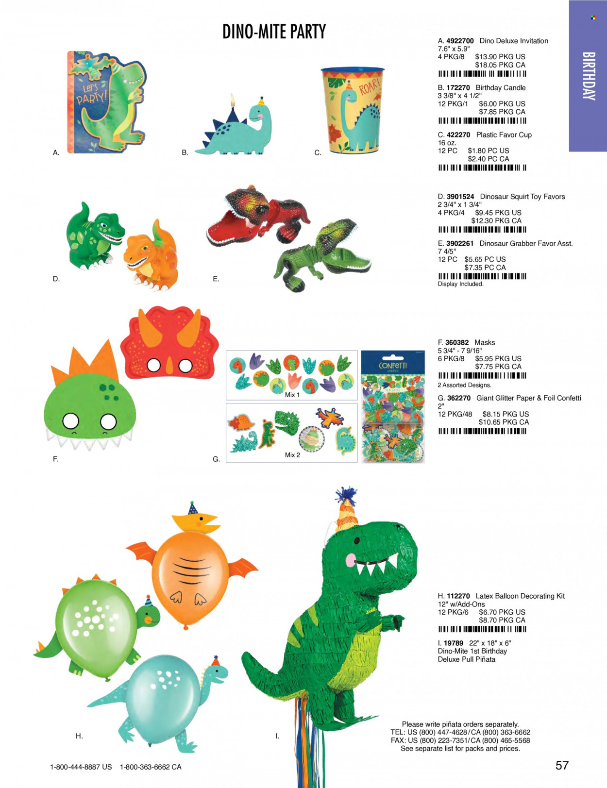thumbnail - Amscan Flyer - Sales products - cup, glitter, paper, balloons, candle, toys, dinosaur. Page 60.