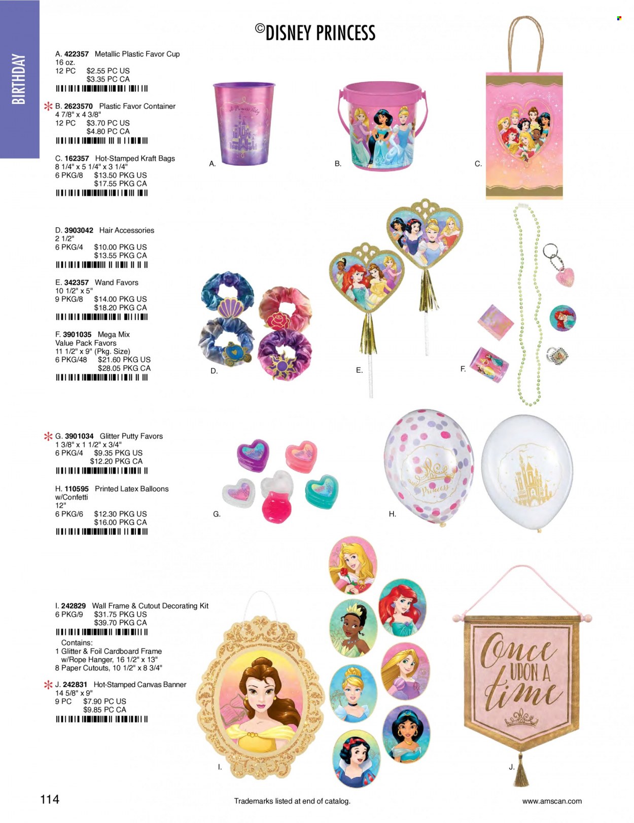 thumbnail - Amscan Flyer - Sales products - Disney, cup, container, bag, glitter, paper, canvas, balloons, toys, princess. Page 117.