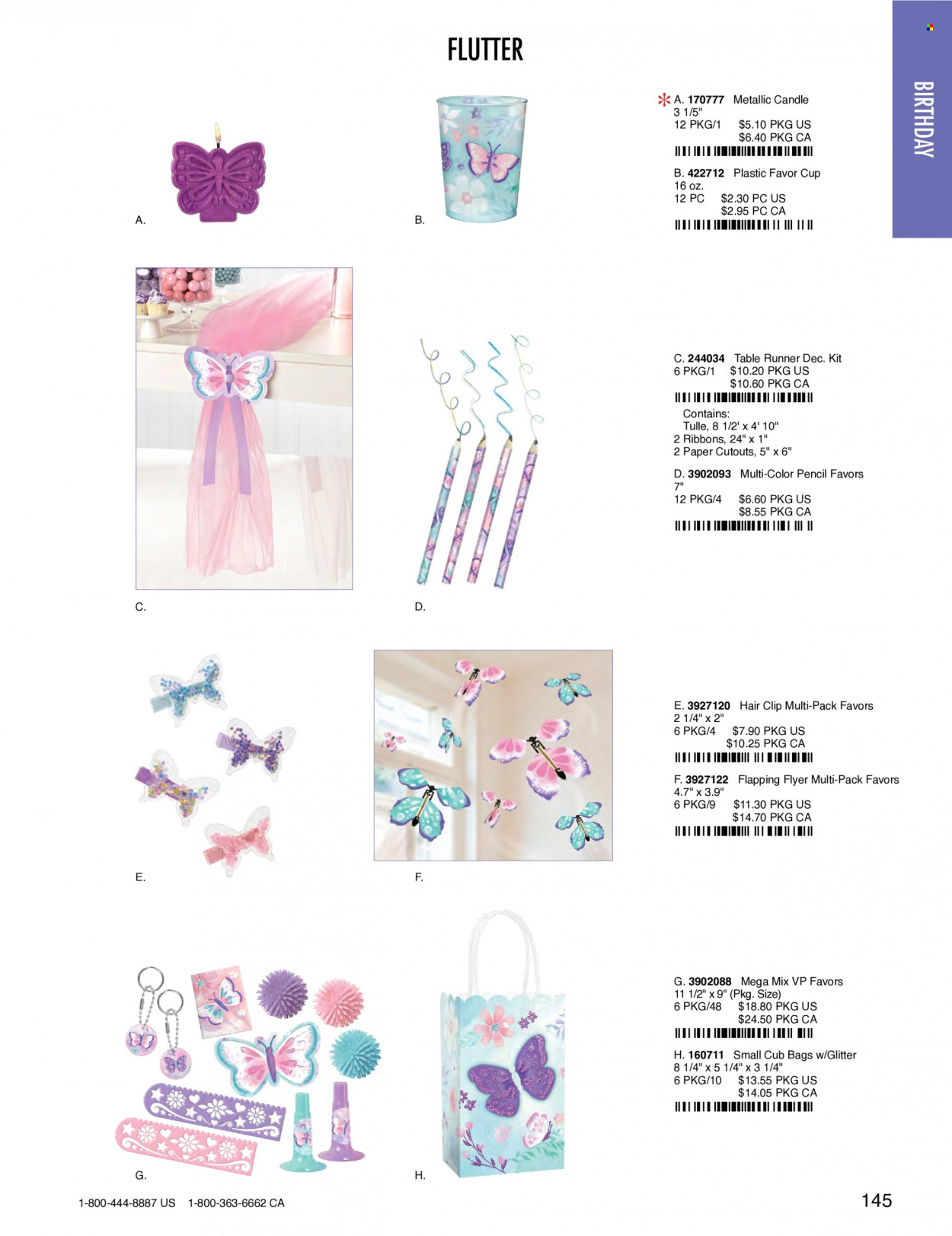 thumbnail - Amscan Flyer - Sales products - cup, bag, glitter, paper, pencil, candle, table runner. Page 148.