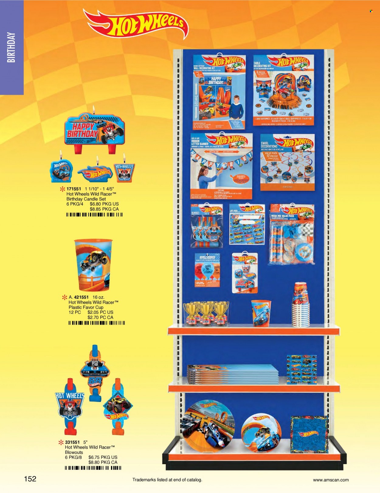 thumbnail - Amscan Flyer - Sales products - cup, bag, balloons, candle, toys, Hot Wheels. Page 155.