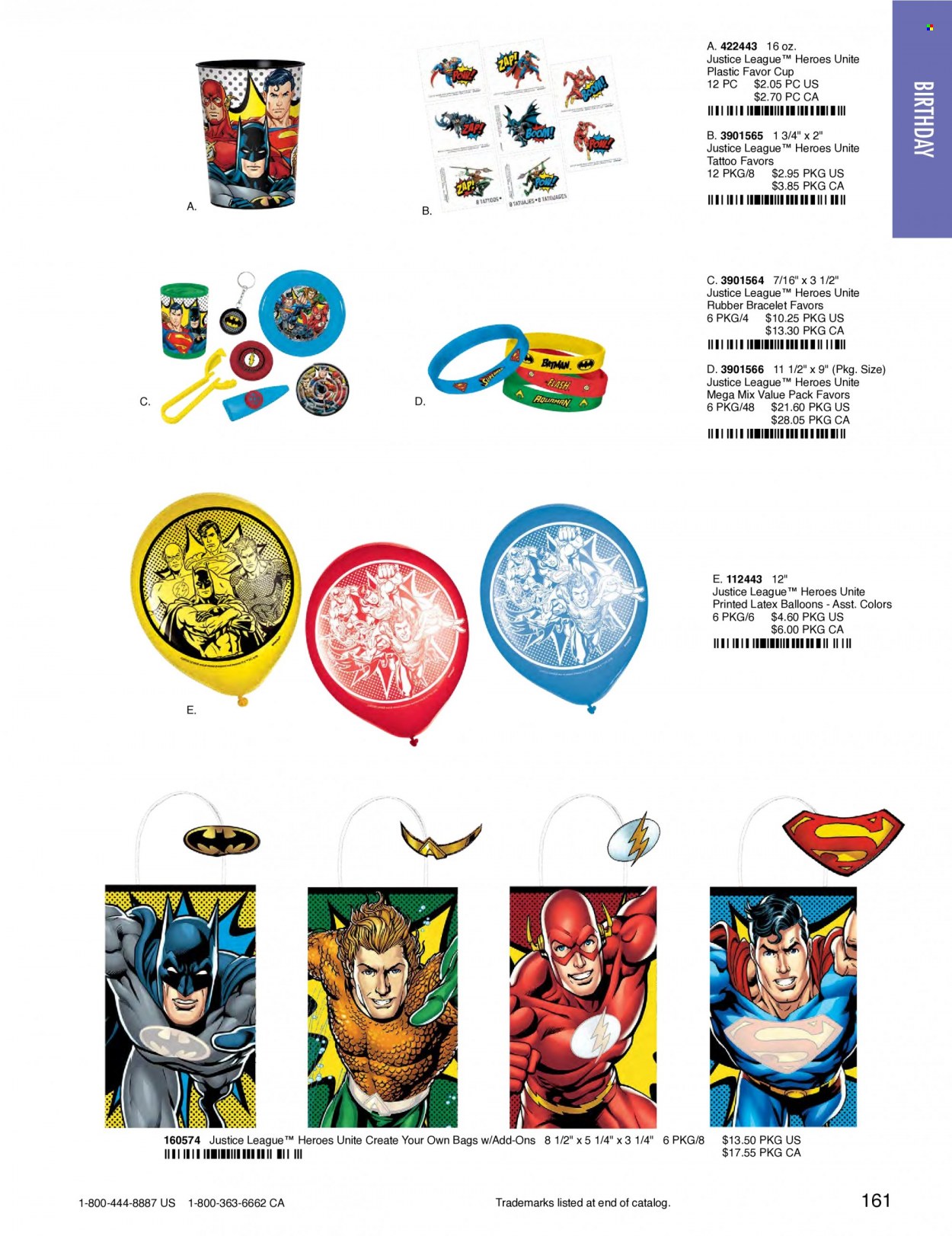 thumbnail - Amscan Flyer - Sales products - cup, bag, eraser, Batman, balloons, superman. Page 164.