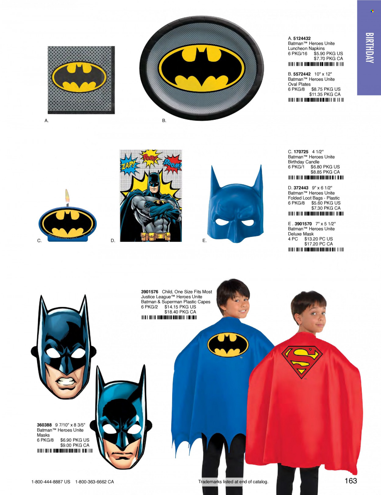 thumbnail - Amscan Flyer - Sales products - napkins, plate, bag, Batman, candle, superman. Page 166.
