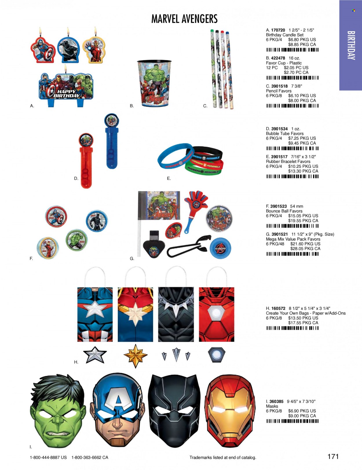 thumbnail - Amscan Flyer - Sales products - cup, bag, eraser, paper, pencil, candle, Avengers, Marvel. Page 174.