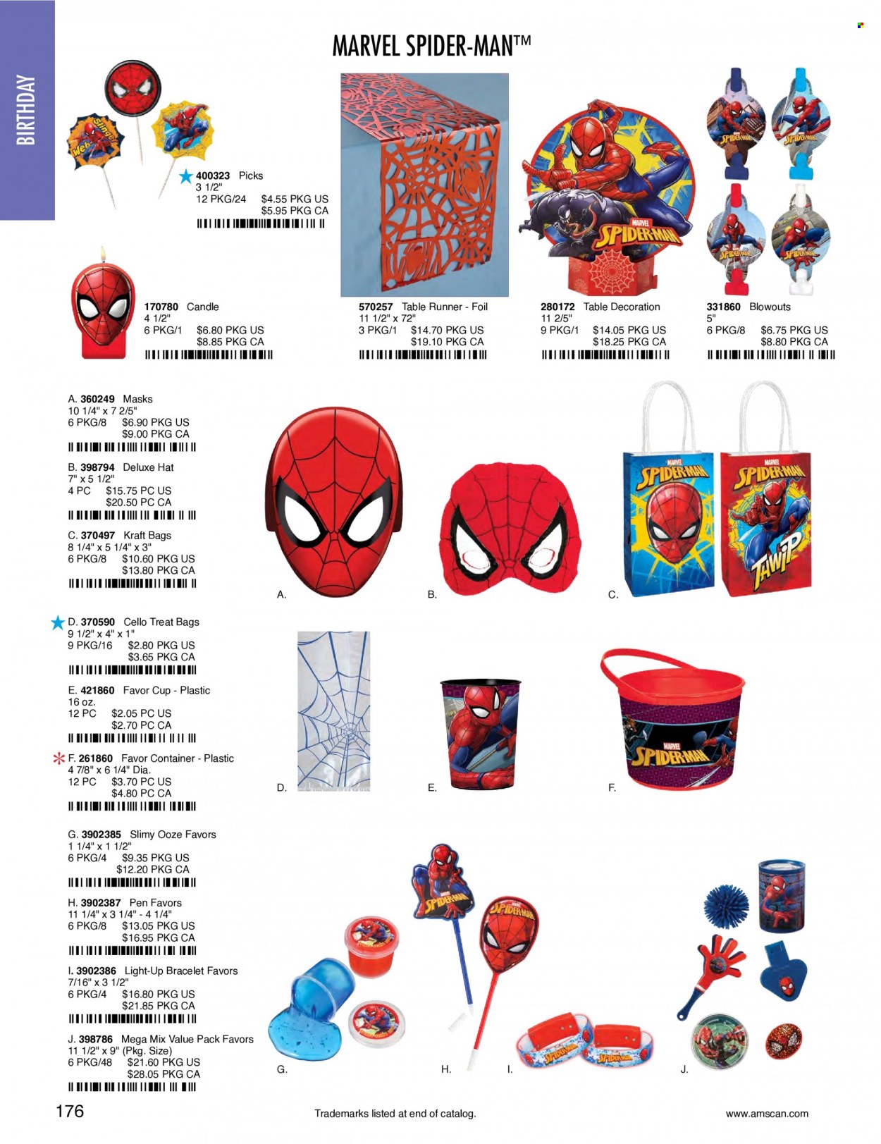 thumbnail - Amscan Flyer - Sales products - Spiderman, cup, container, pen, Cello, candle, table runner, Marvel. Page 179.