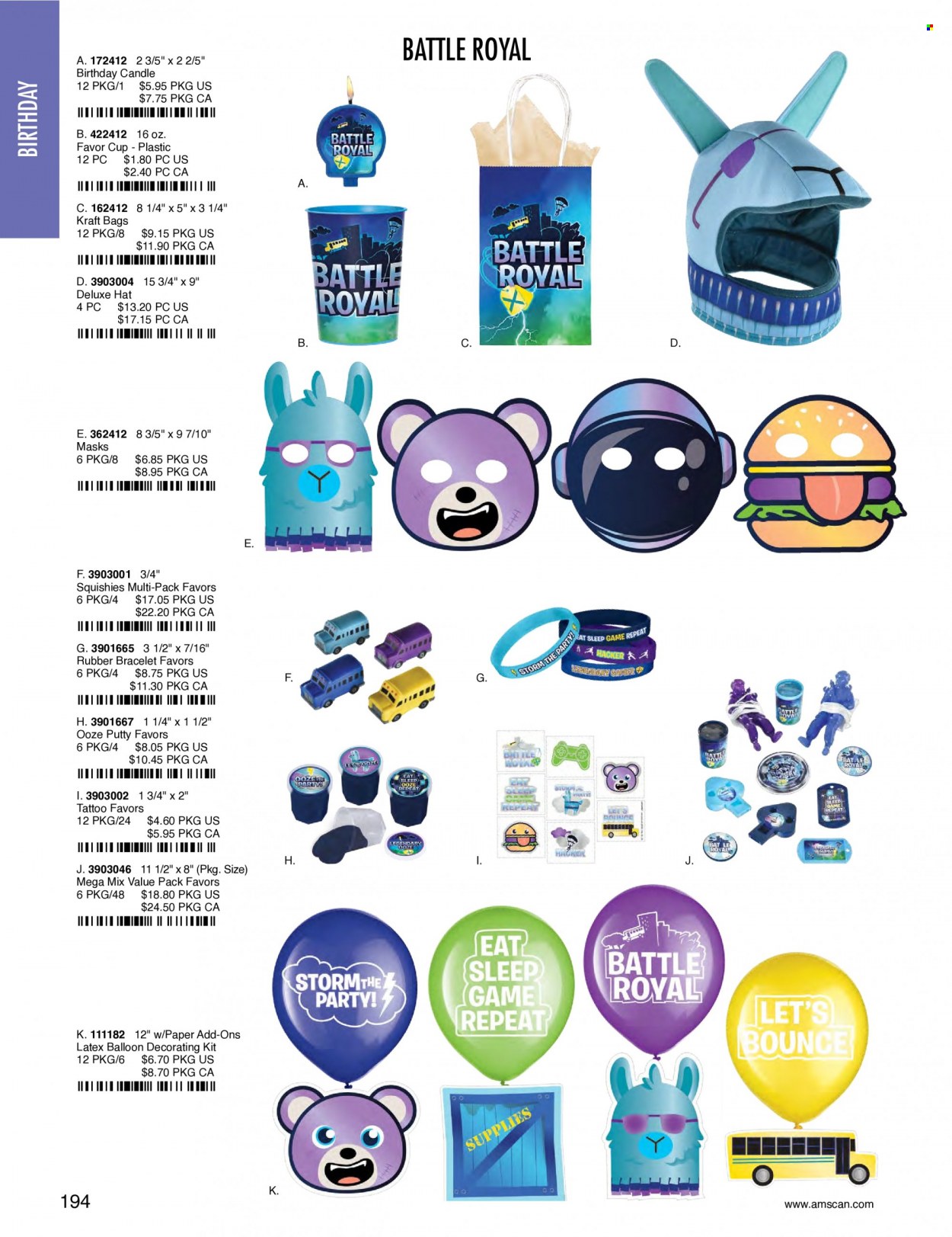 thumbnail - Amscan Flyer - Sales products - cup, bag, eraser, paper, balloons, candle. Page 197.