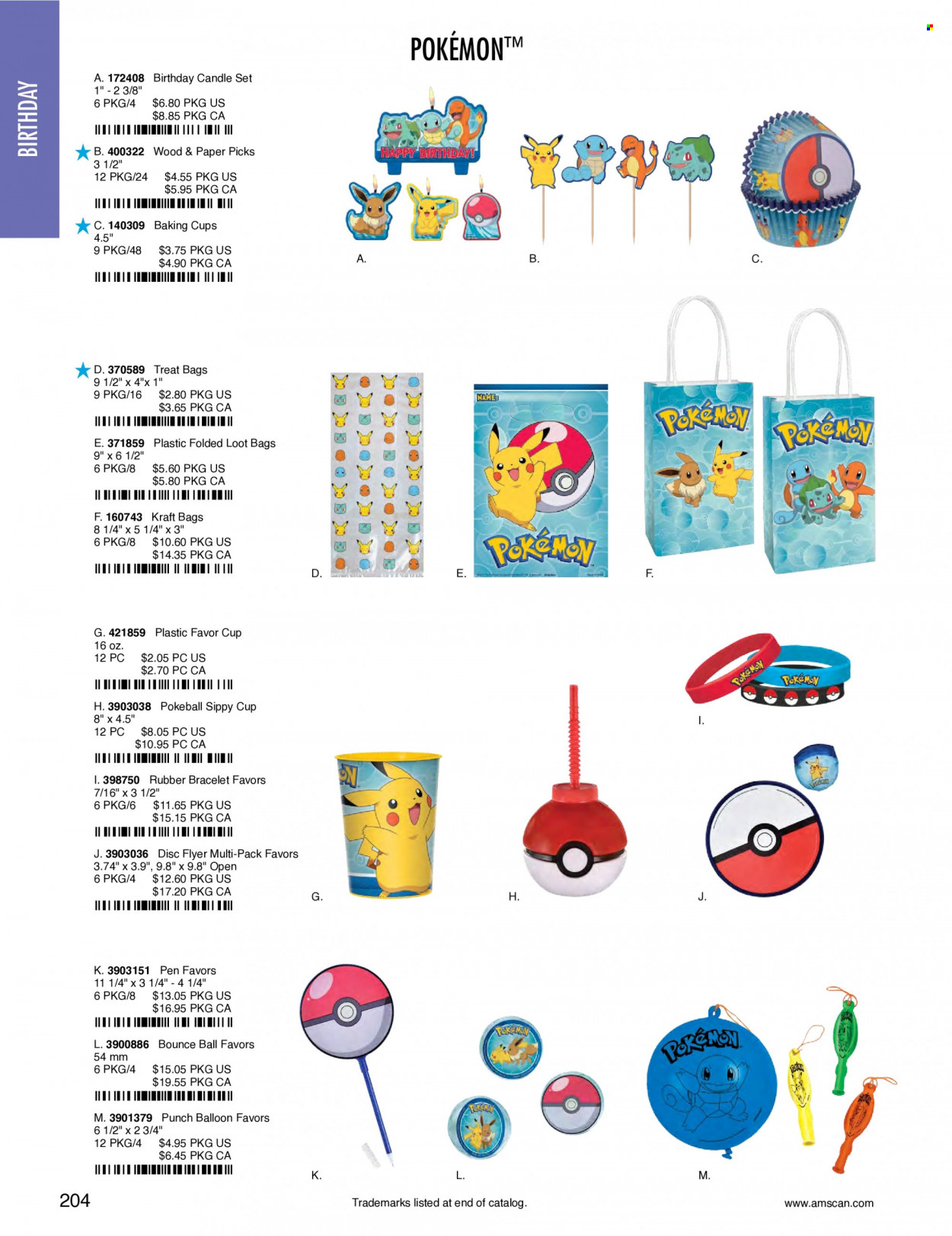 thumbnail - Amscan Flyer - Sales products - cup, pen, eraser, paper, balloons, candle, Pokémon. Page 207.