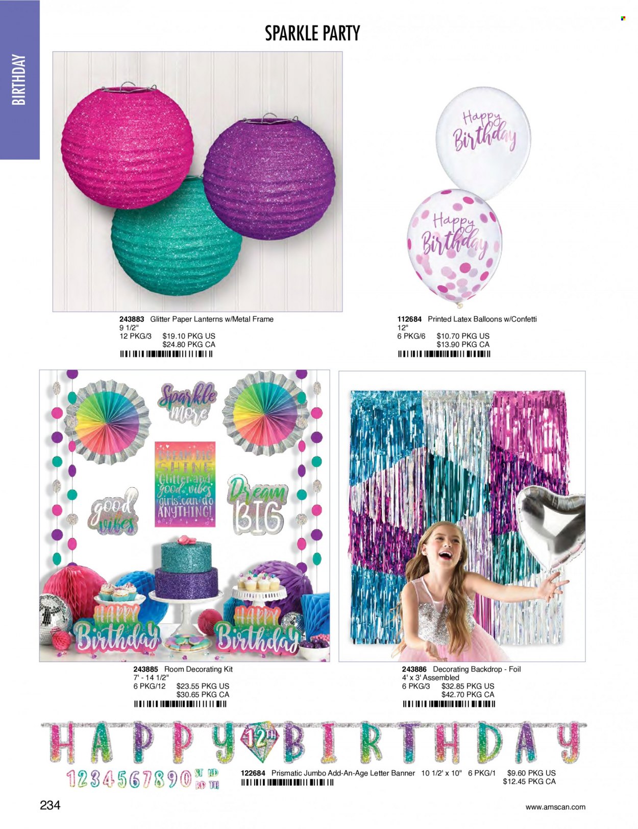 thumbnail - Amscan Flyer - Sales products - glitter, paper, balloons, metal frame. Page 237.