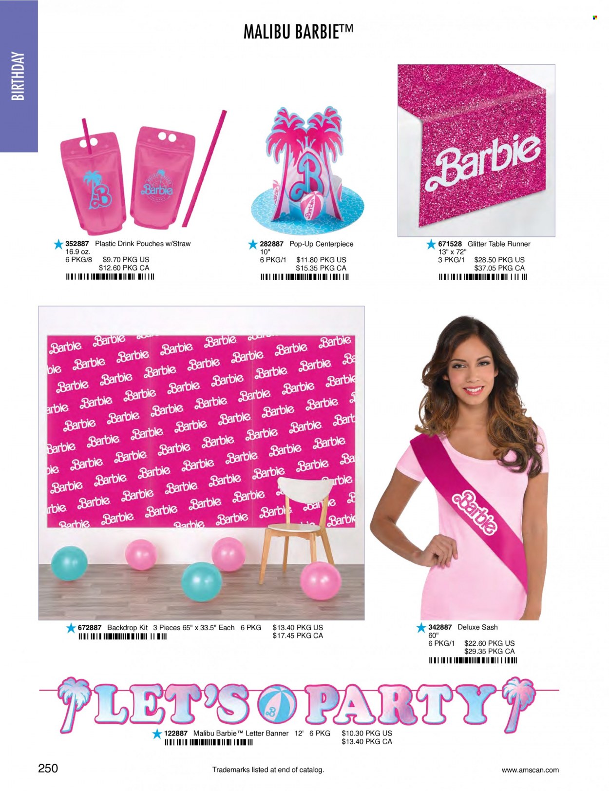 thumbnail - Amscan Flyer - Sales products - Barbie, straw, glitter, table runner. Page 253.