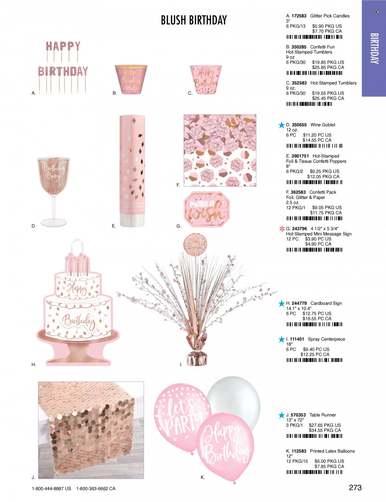 thumbnail - Amscan Flyer - Sales products - tissues, tumbler, glitter, paper, balloons, candle, table runner. Page 276.