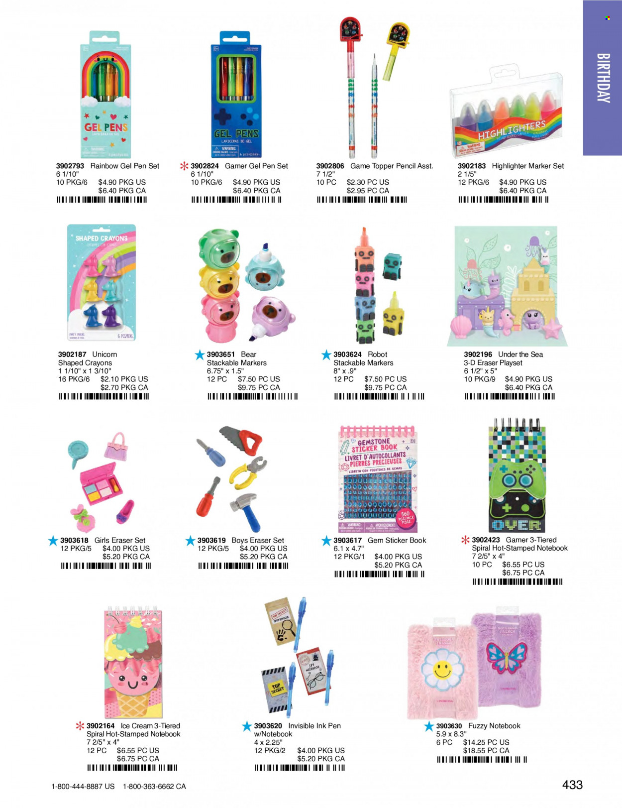 thumbnail - Amscan Flyer - Sales products - crayons, sticker, pen, marker, eraser, pencil, gel pen, highlighters, robot, play set. Page 436.